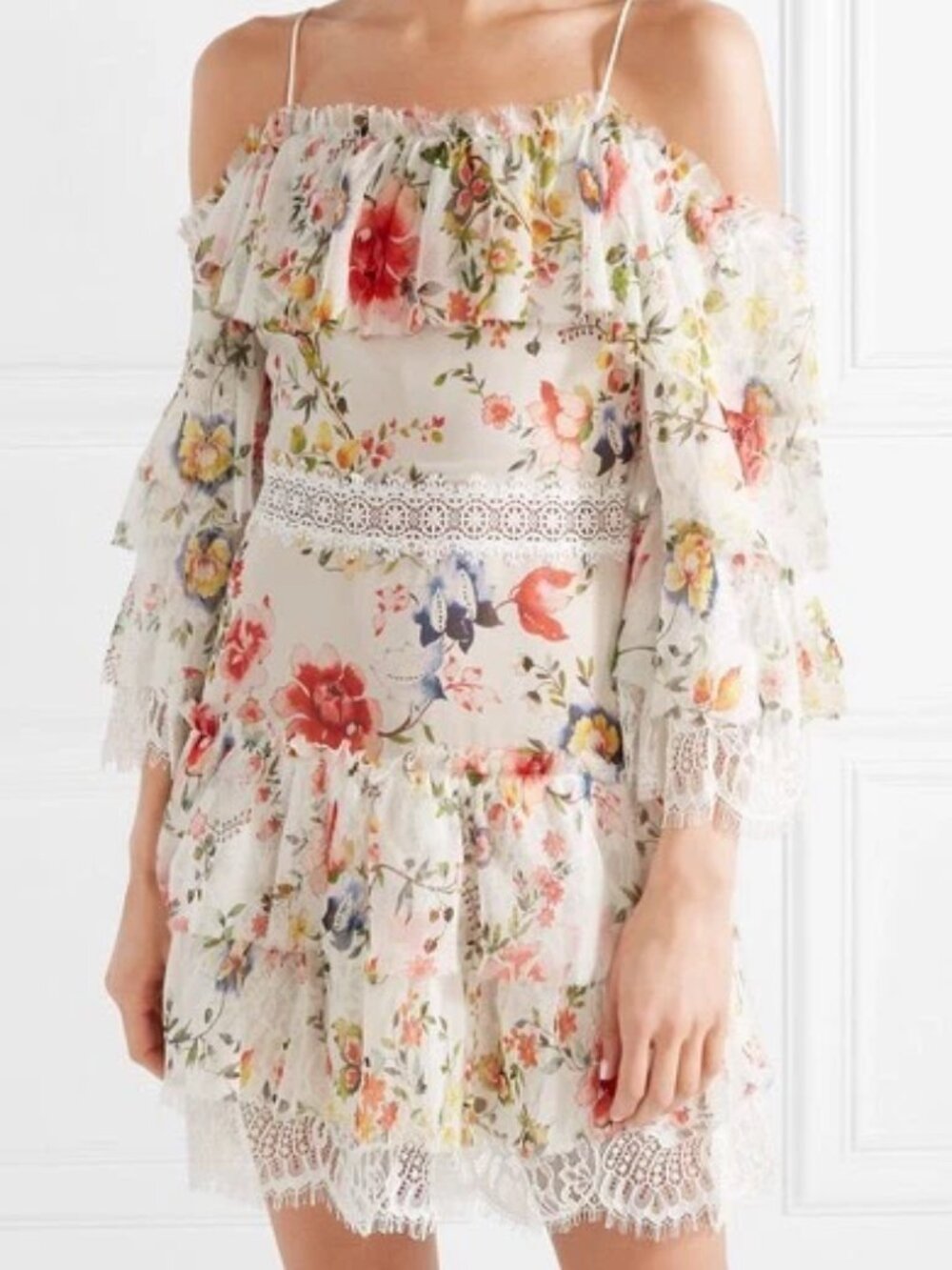 Alice and Olivia  Santos Cold Shoulder Lace Trimmed Floral Silk Dress